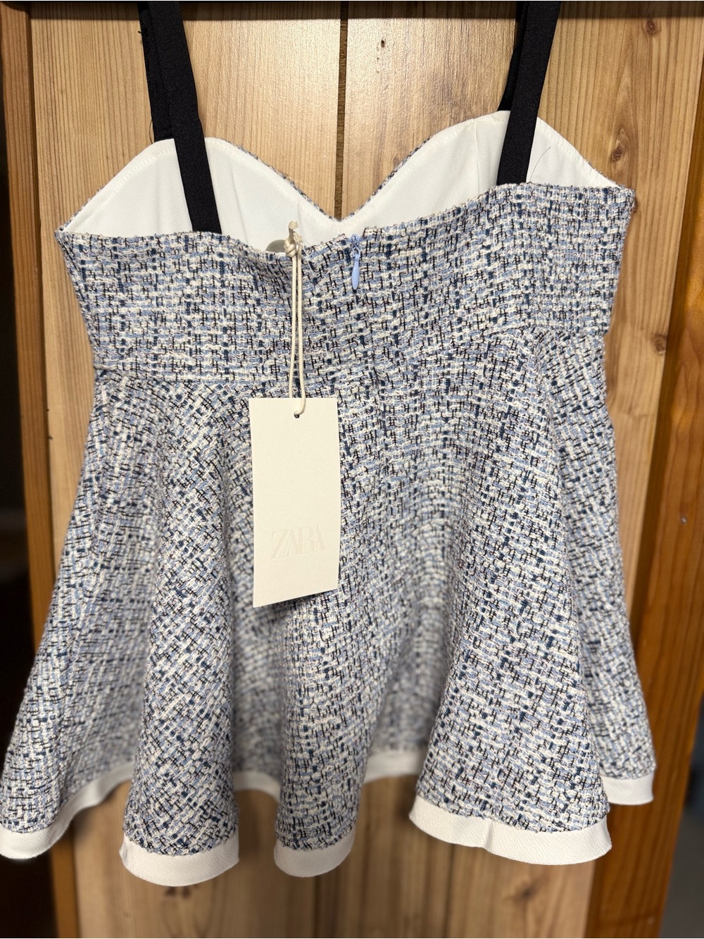 Zara Blue and White Textured Tweed Bustier top
